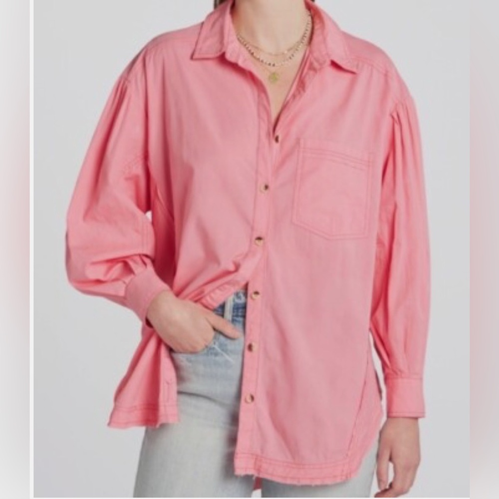 We The Free Happy Hour Pink Poplin Button-Up Shirt Oversized Sz XS